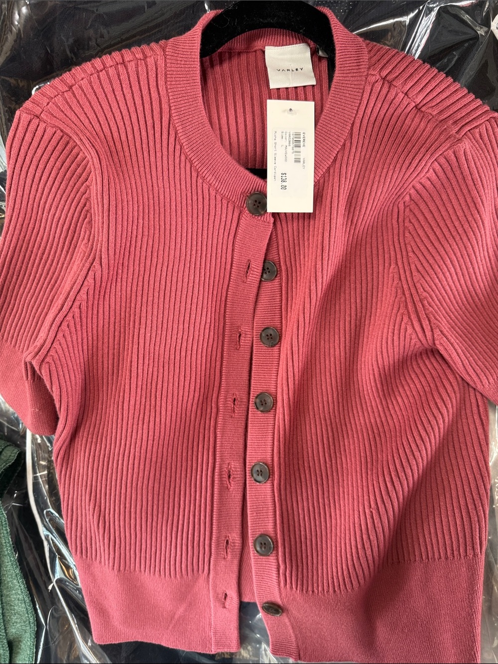 Varley Rose Pink Ribbed Button-Up Short Sleeve Cardigan